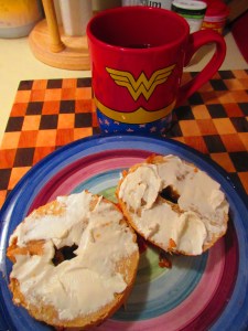 Sweet Note Gluten Free Garlic Bagels with a schmear of Tofutti Better Than Cream Cheese and Coffee!!