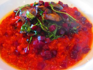 Mythos Restaurant's Gluten Free and Vegan Seasonal Risotto (beet risotto with sauteed mushrooms and spinach)