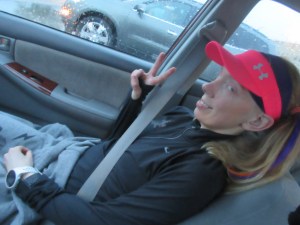 Me attempting, and failing, to nap before the race...and also avoiding getting out in the rain...