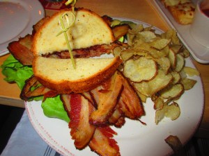 Hops & Fire Stout Pork Belly BLT with a side of Parmesan House Chips