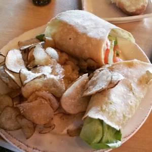 Hops & Fire Gluten Free California Wrap with a mountain of House Chips