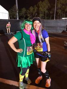 #KDFMarathon Ambassadors collide...Melissa as Disgust (Inside Out) and me as Officer Judy Hopps (Zootopia) at the start of the Disney Wine & Dine Inaugural 10K