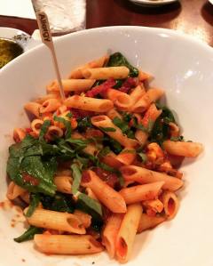 Mama Melrose's did away with their flatbreads (gluten free and otherwise) it seems, so I went with pasta.  This was gluten-free penne with sun-dried tomatoes, basil, and onion.  Perfect pre-half marathon eats, even if it wasn't my standard pizza.