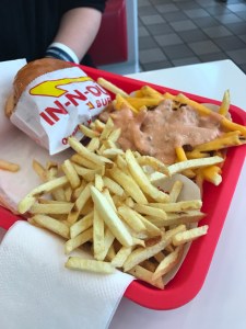 In-N-Out Burger immediately upon landing in California. Cathy had a burger & fries done animal style and I just had plain fries (they are gluten-free at In-N-Out Burger!