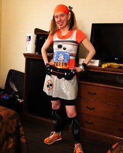 My BB-8 running costume, modified for the cold weather (orange shirt underneath) for the Disneyland Light Side Half Marathon